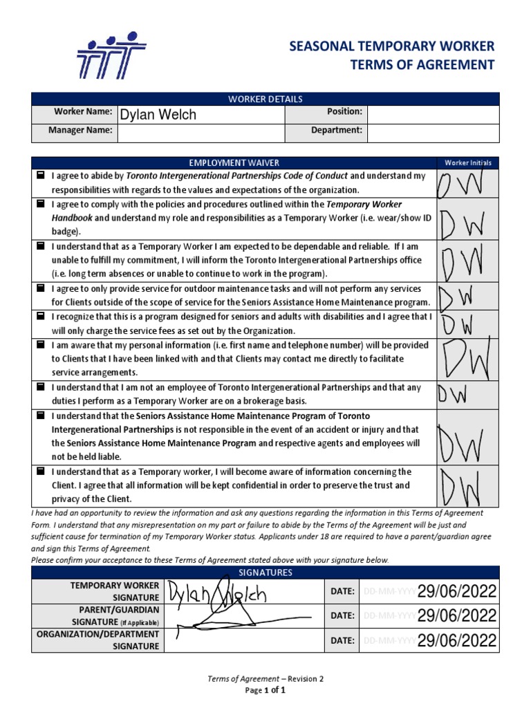 Seasonal Temporary Worker Agreement | PDF | Temporary Work | Employment