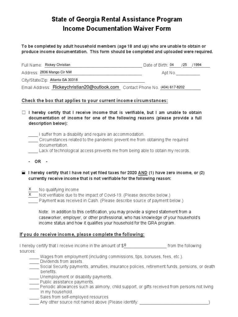 State of georgia rental assistance program income documentation waiver