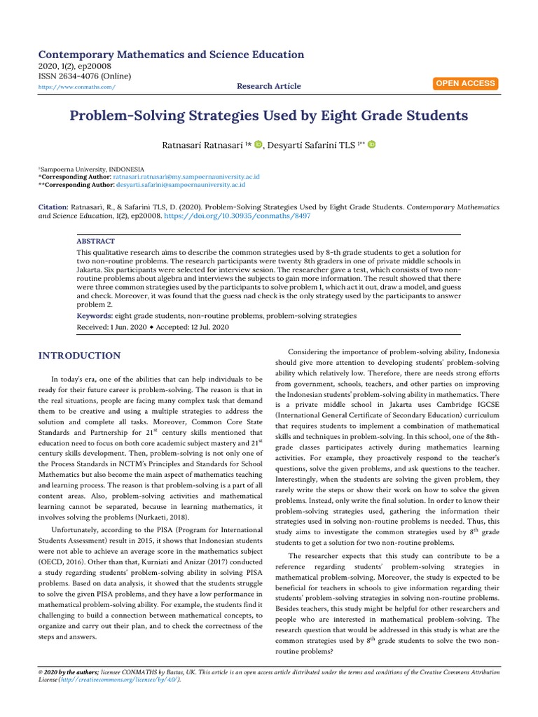 Problem Solving Strategies Used by Eight Grade Students 8497 | PDF ...