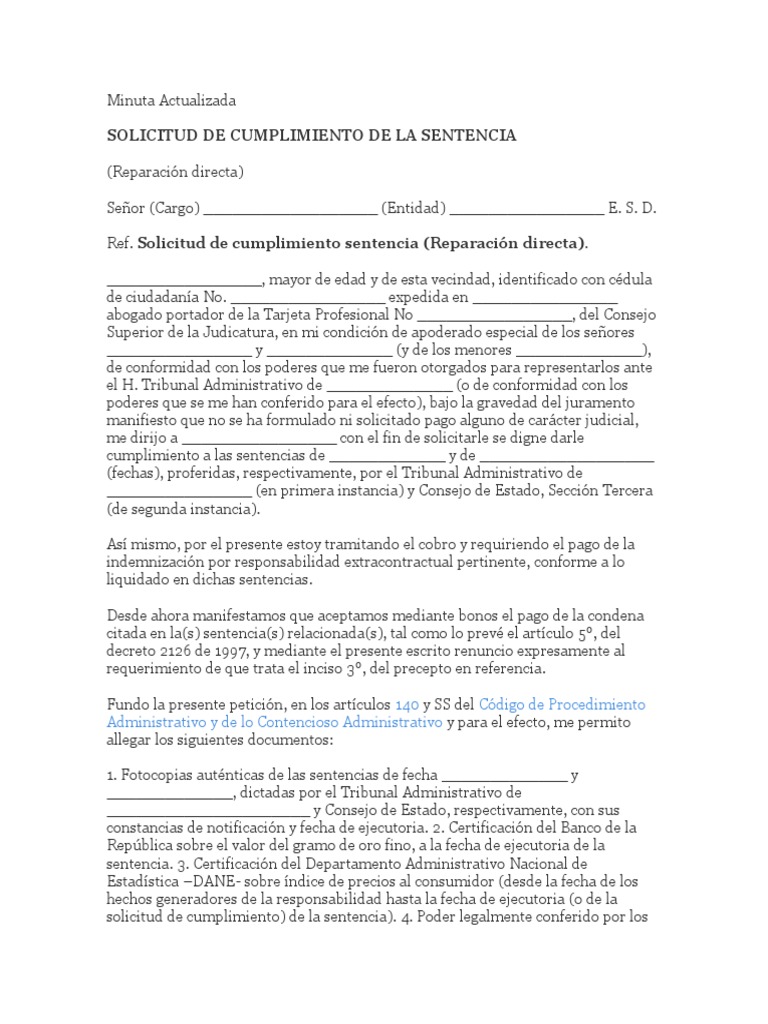Minuta Solicitud Cumplimiento de Sentencia | PDF | Sentencia (ley ...