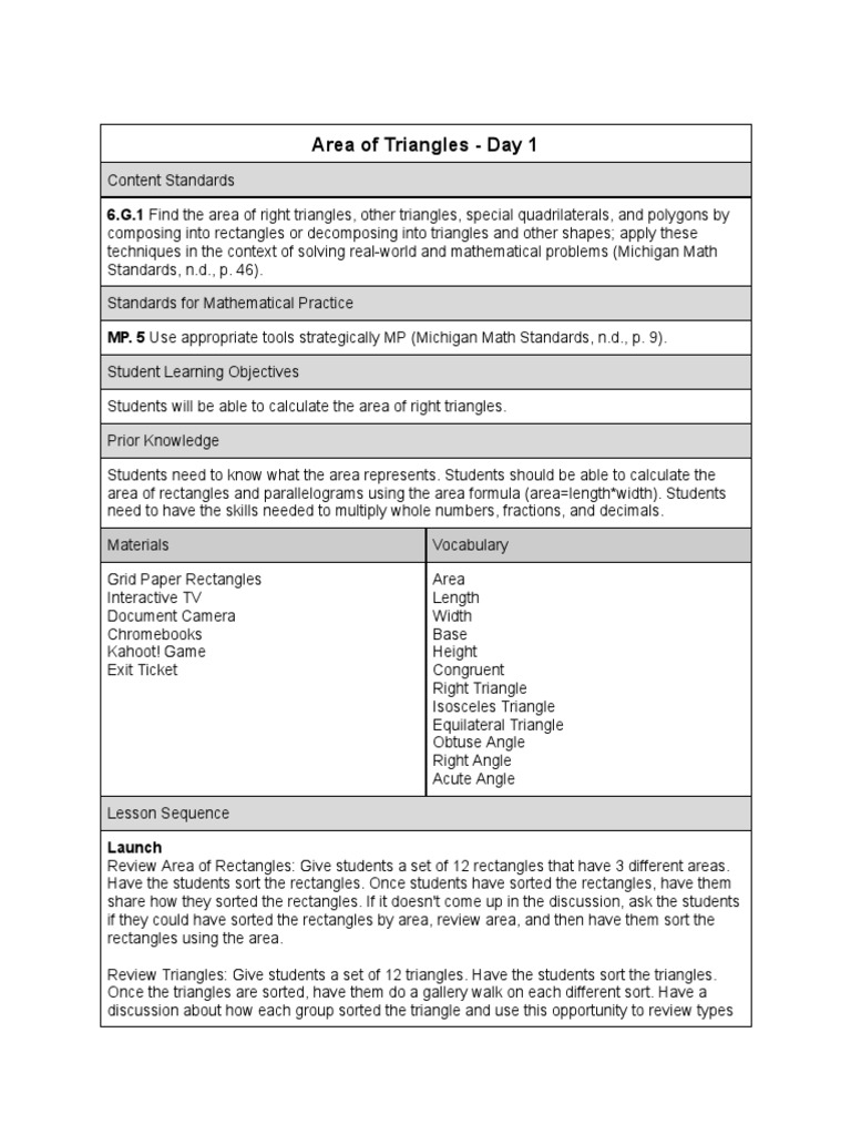 Finding Area of Triangles Lesson Plan | PDF | Area | Triangle