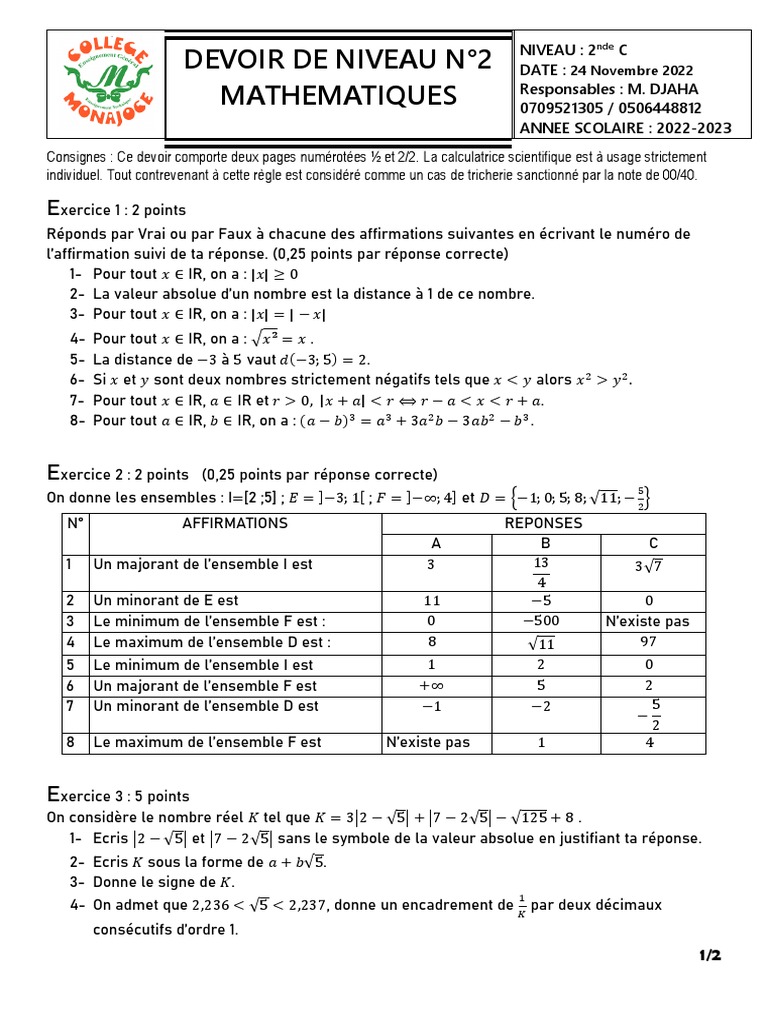 DEVOIR DE MATHEMATIQUES 2nde C LECON 2 SUR IR 2022 | PDF | Analyse ...