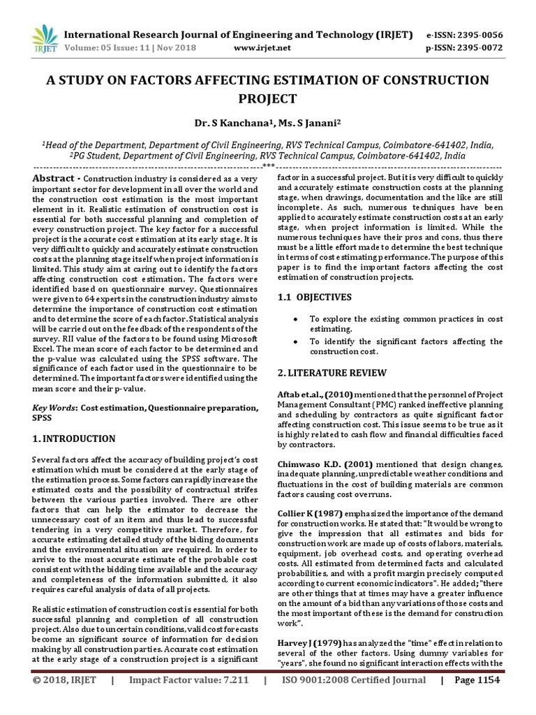 Irjet A Study On Factors Affecting Estim | PDF | Forecasting | Consultant