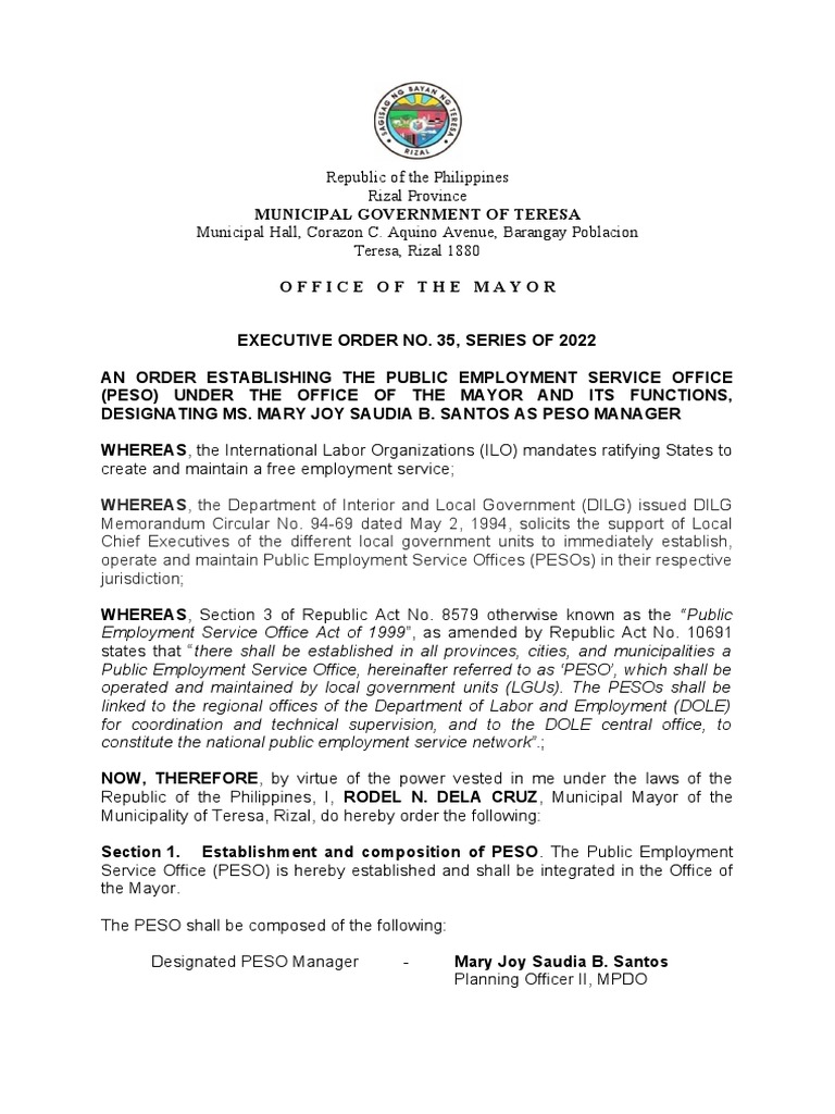 Executive Order No. 35 Series of 2022Peso PDF Employment Business