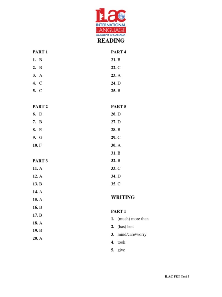 PET Practice Test 3 Answer Key PDF