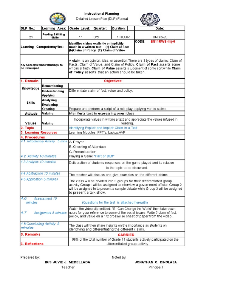 DLP Reading Amp Writing Feb 17 Co1 PDF Learning Lesson Plan