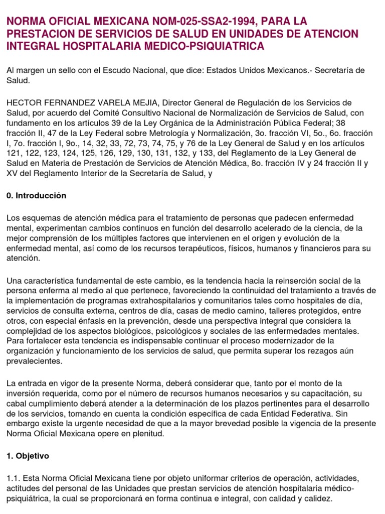 NOM 025 SSA2 1994salud y Atencion Psiquiatrica Hospital