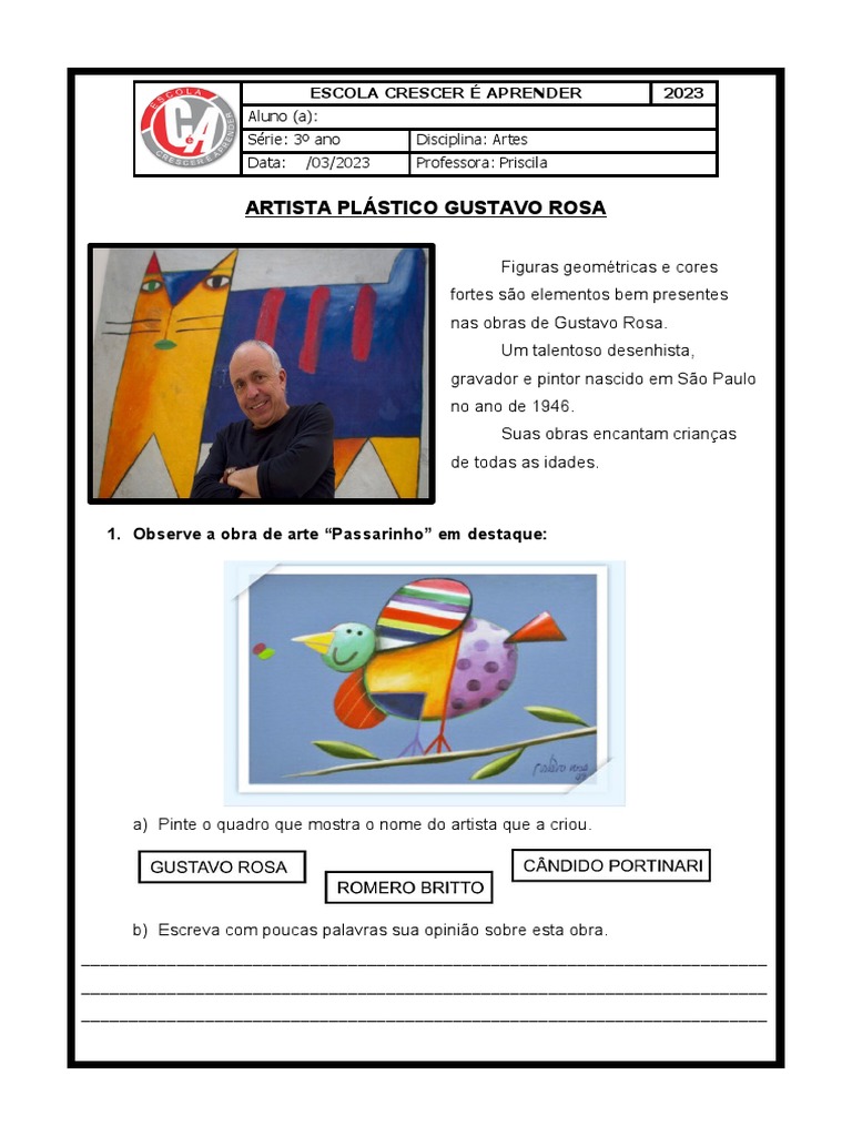 Atividade de Artes 3º Ano Gustavo Rosa | PDF