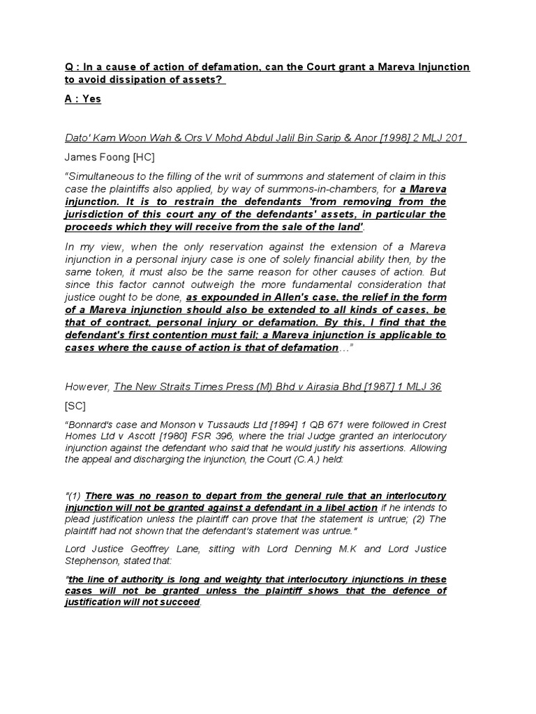 Mareva Injuction in Defamation | PDF | Defamation | Injunction