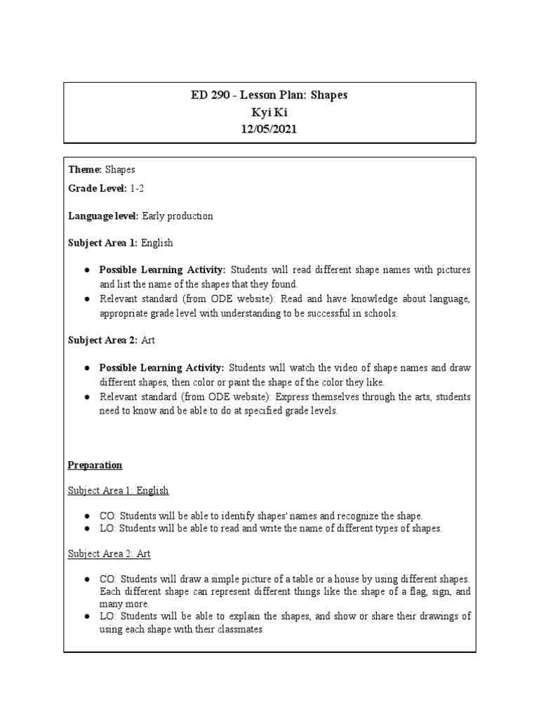 Grade 1-2 Lesson Plan on Shapes | PDF | Lesson Plan | Pedagogy