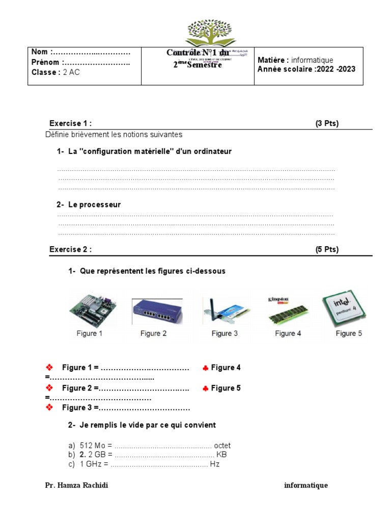 Contrôle Informatique 2AC - Semestre 2 | PDF | Informatique | Hertz