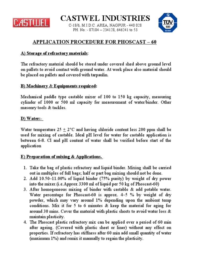 Phoscast-60 Application Procedure | PDF | Refractory | Water