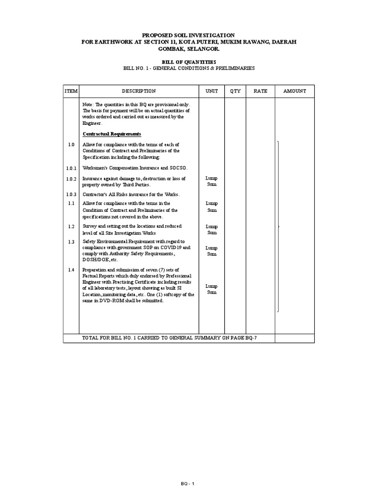 Soil Investigation Bill of Quantities | PDF | Applied And ...