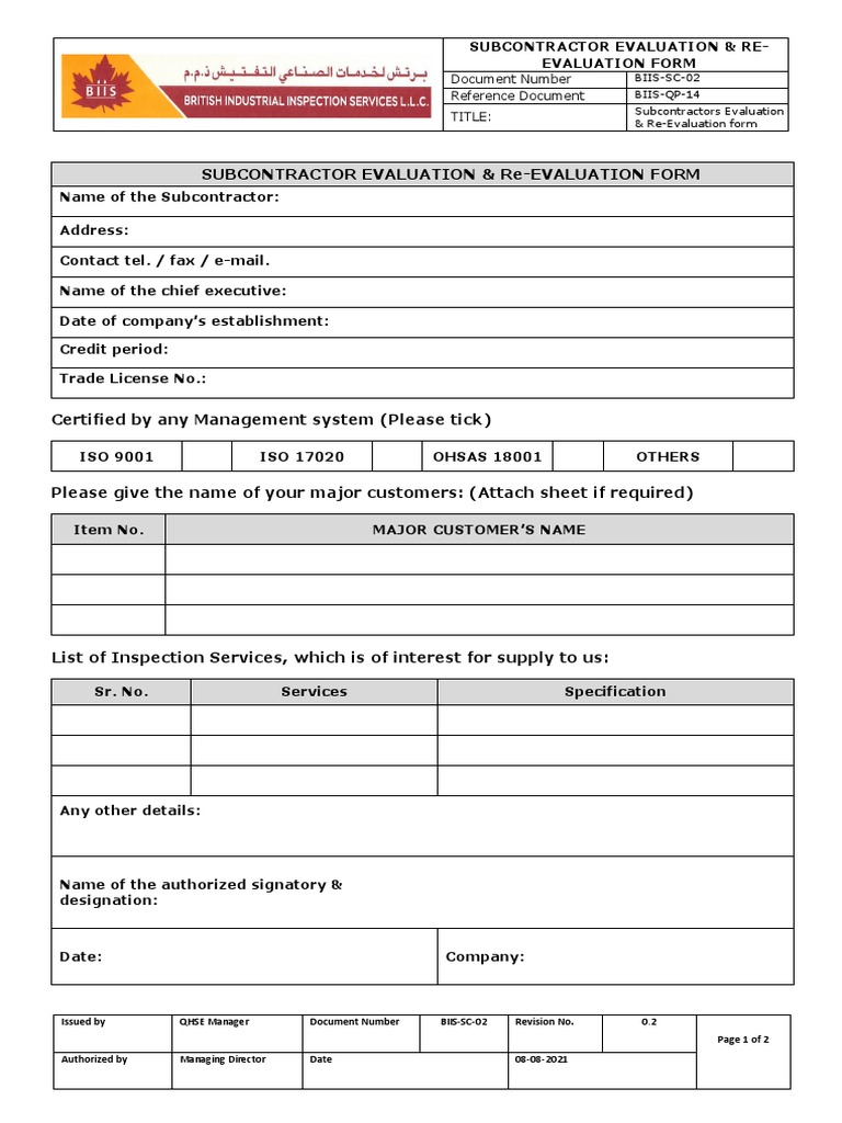 BIIS-SC-02 SUBCONTRACTOR EVALUATION & RE EVALUATION FORM | PDF | Business