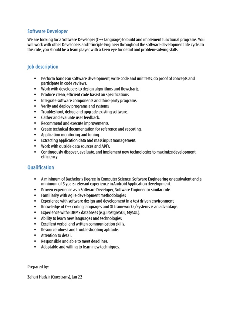 Job Description Software Developer PDF