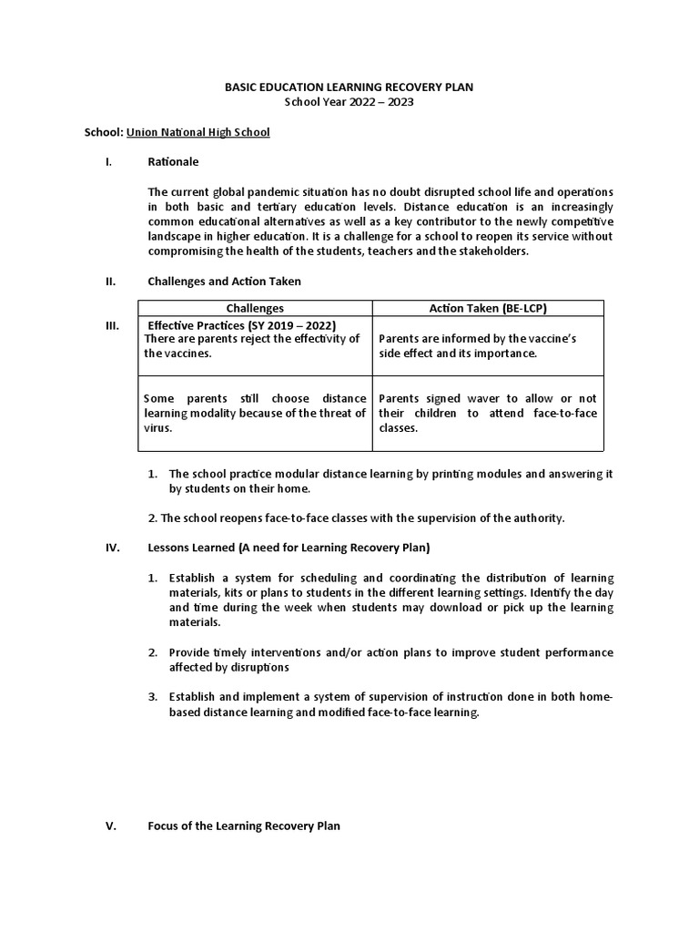 Grade 9 Learning Recovery Plan | PDF | Distance Education | Learning