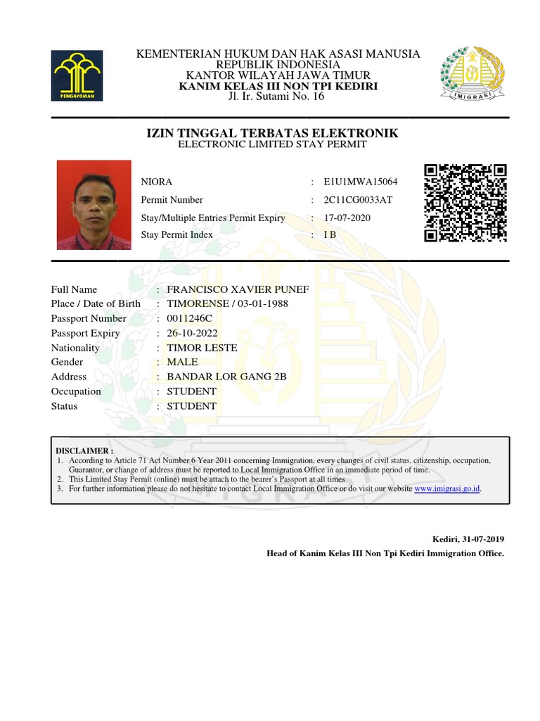 Dokumen persyaratan pembuatan Kartu Izin Tinggal Terbatas Warga Negara Asing