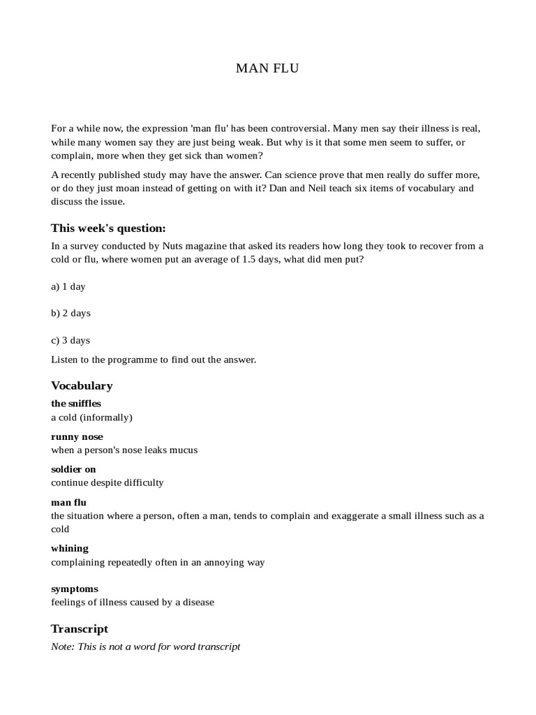 BBC Man Flu PDF Influenza Diseases And Disorders