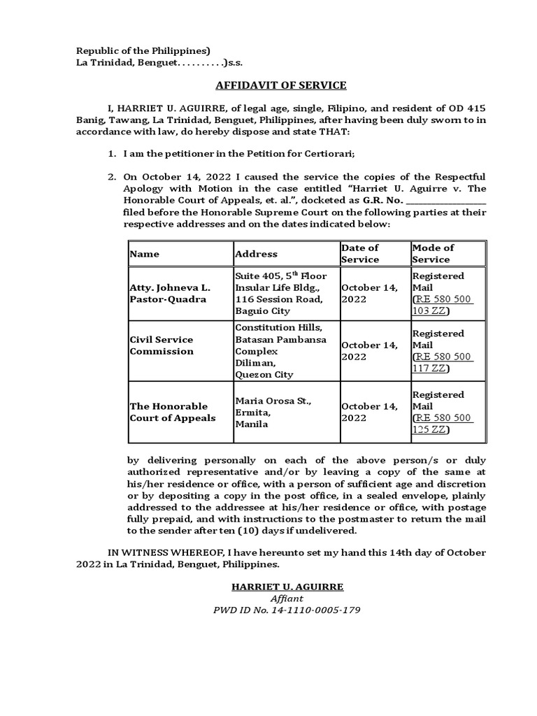 Affidavit of Service for Petition for Certiorari Documents to the