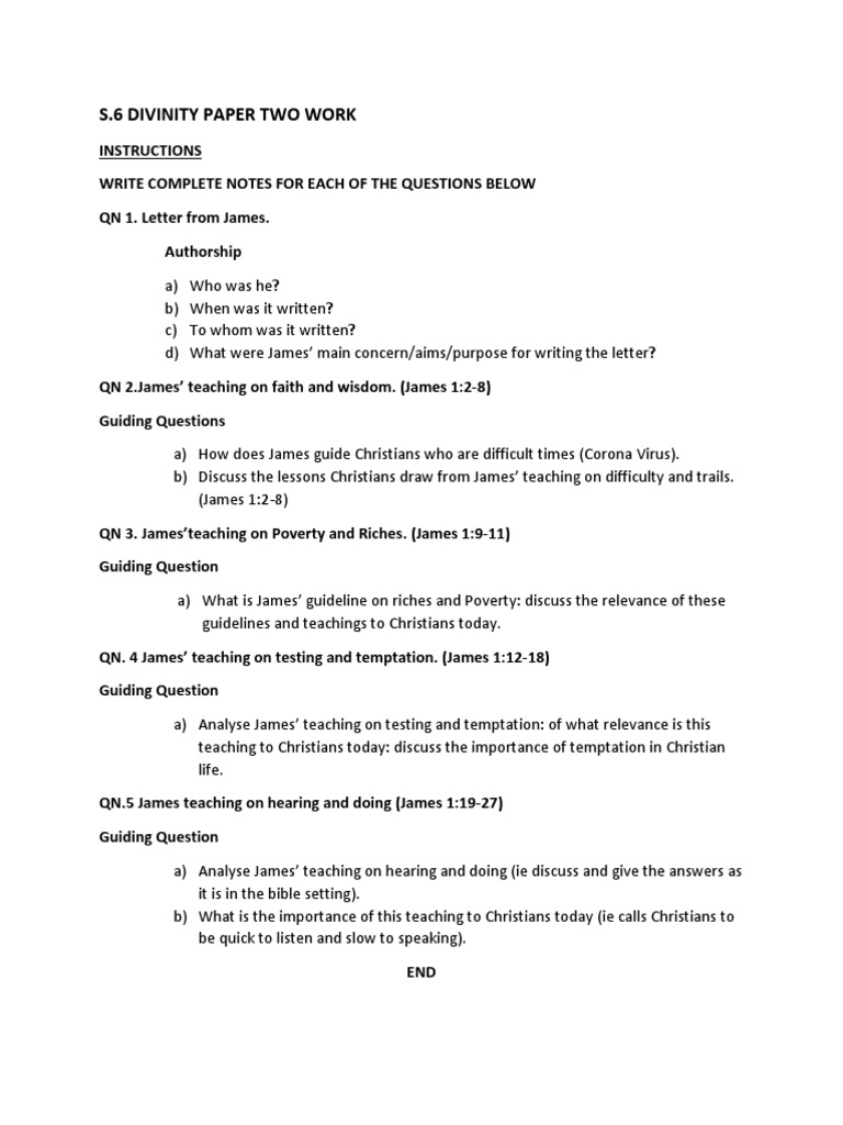 Divinity Paper Two: Notes on James | PDF