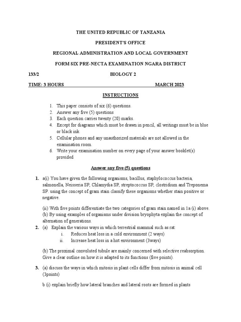 Form Six PreNECTA Examination Ngara District Biology 2 Exam Paper