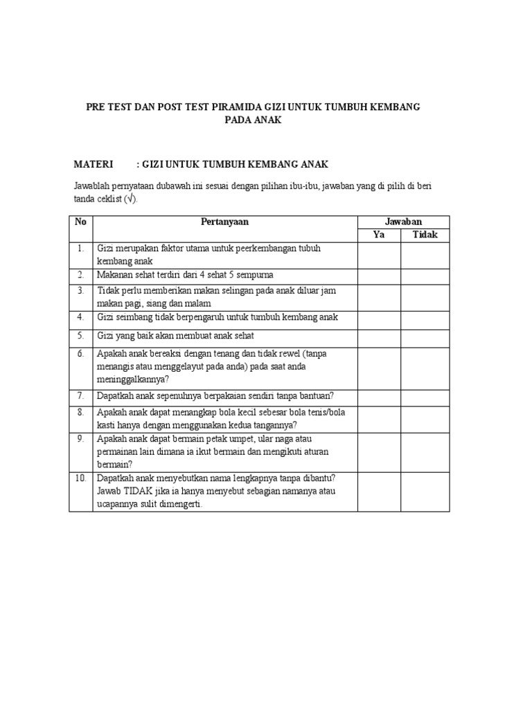 Pre Test Dan Post Test Piramida Gizi Untuk Tumbuh Kembang Pada Anak | PDF