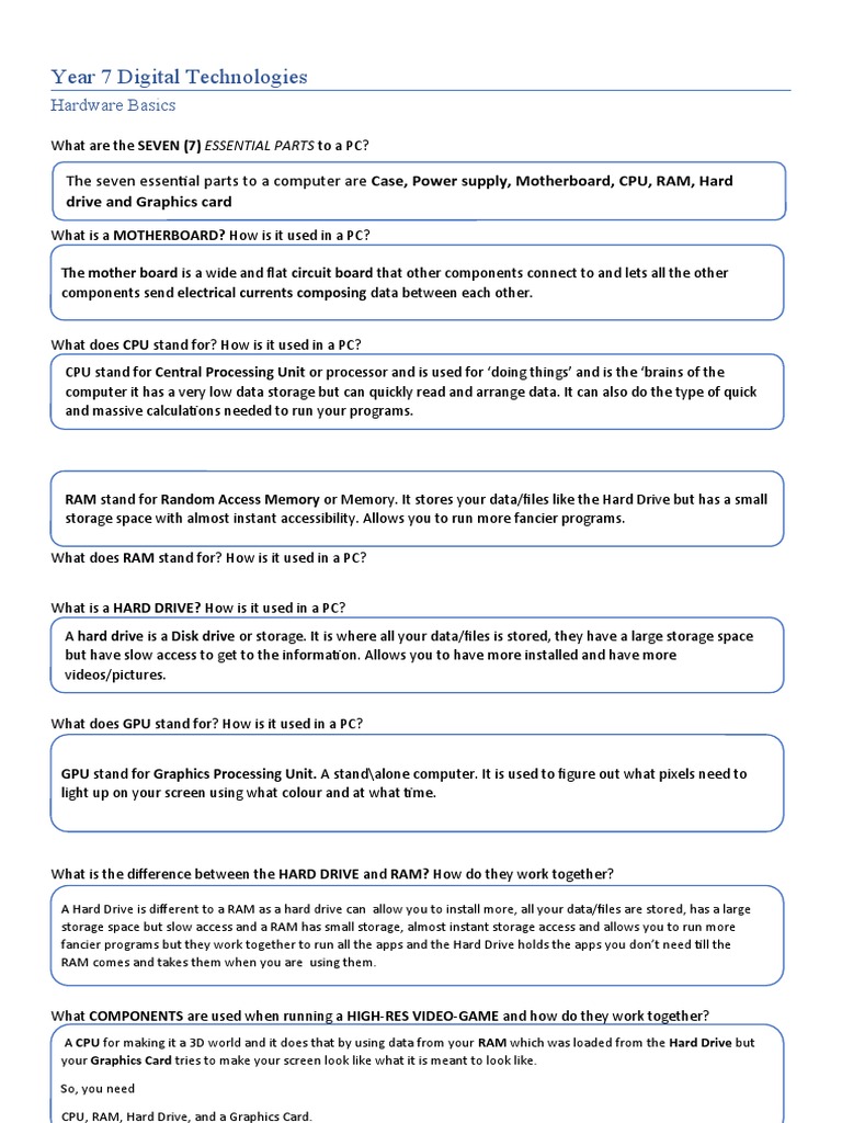 Hardware Basics Worksheet PDF Computer Data Storage Personal