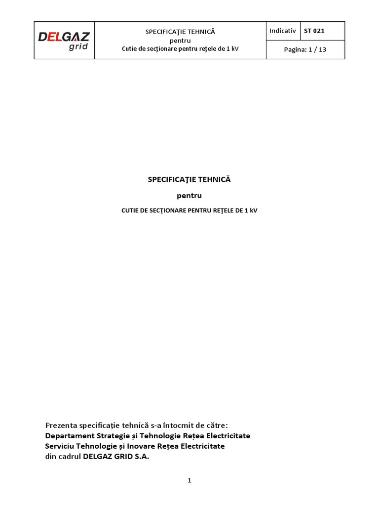 Specificaţie Tehnică Pentru Indicativ ST 021 Pagina: 1 / 13 | PDF