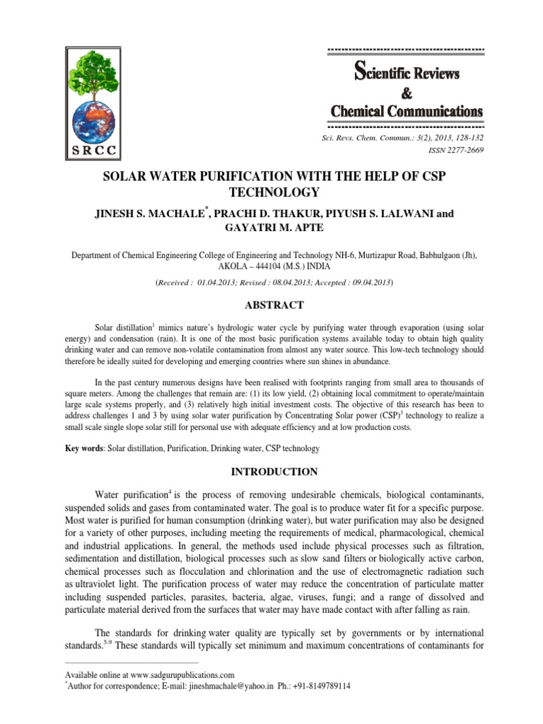 Solar Water Purification With The Help of CSP Technology PDF Water