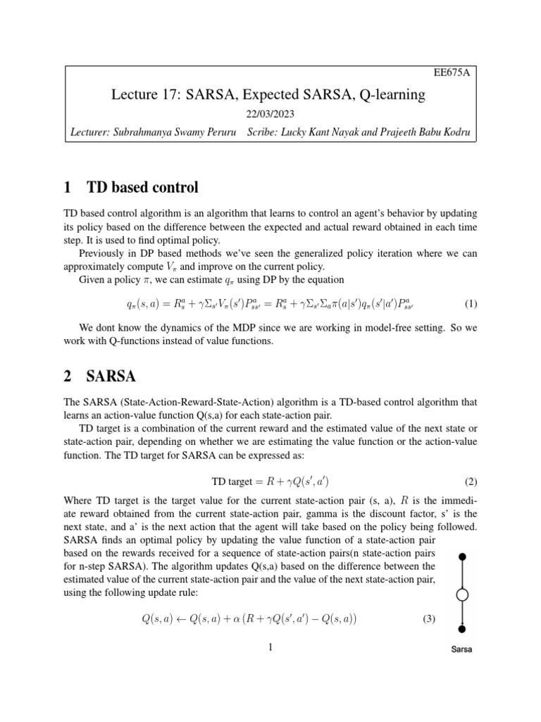 Lec 17 SARSA Expected SARSA Q Learning | PDF | Learning | Applied ...