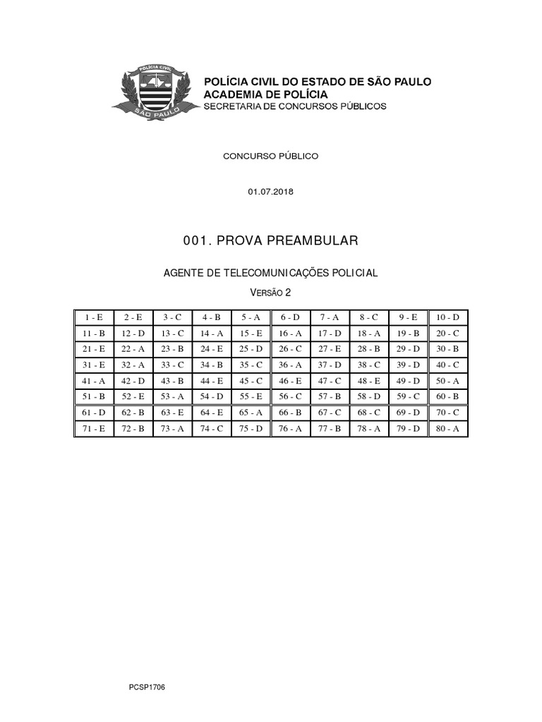 Prova Preambular: Agente de Telecomunicações Policial V 2 | PDF