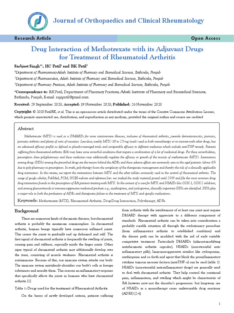 Drug Interaction of Methotrexate With Its Adjuvant PDF Rheumatoid