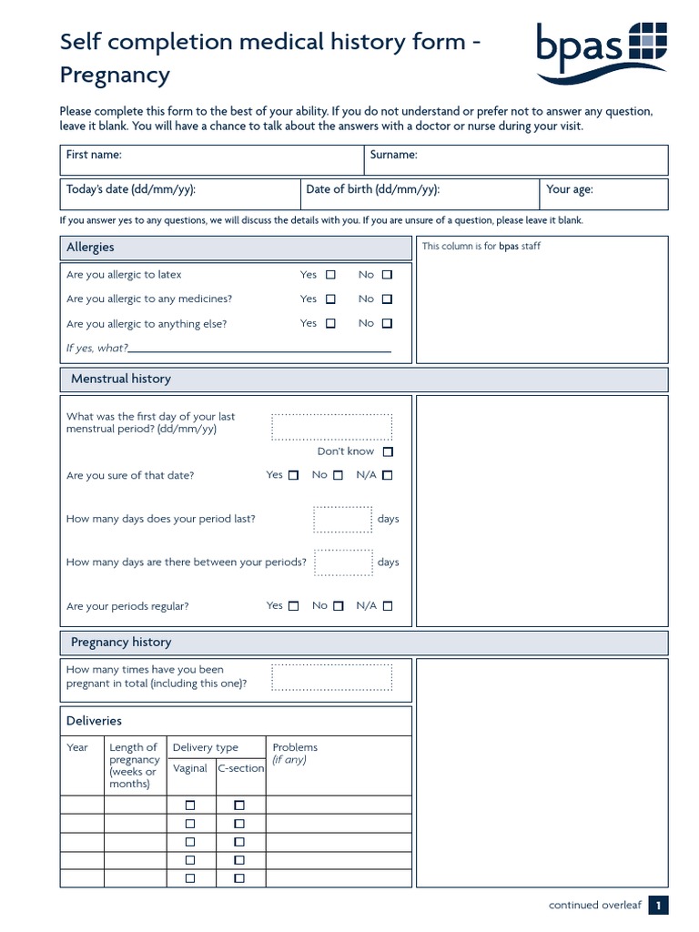 Self Completion Medical History Form - Pregnancy | PDF | Health Care ...