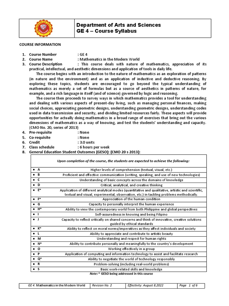 Course Syllabus Ge 4 Rev. 2 | PDF | Mathematics | Statistics