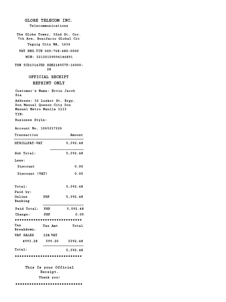 Globe Telecom Official Receipt Sample | PDF