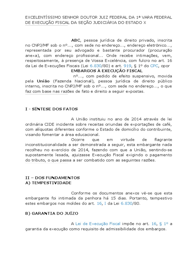 Embargos Execução Fiscal - Modelo 1 | PDF | Constituição | Advogado