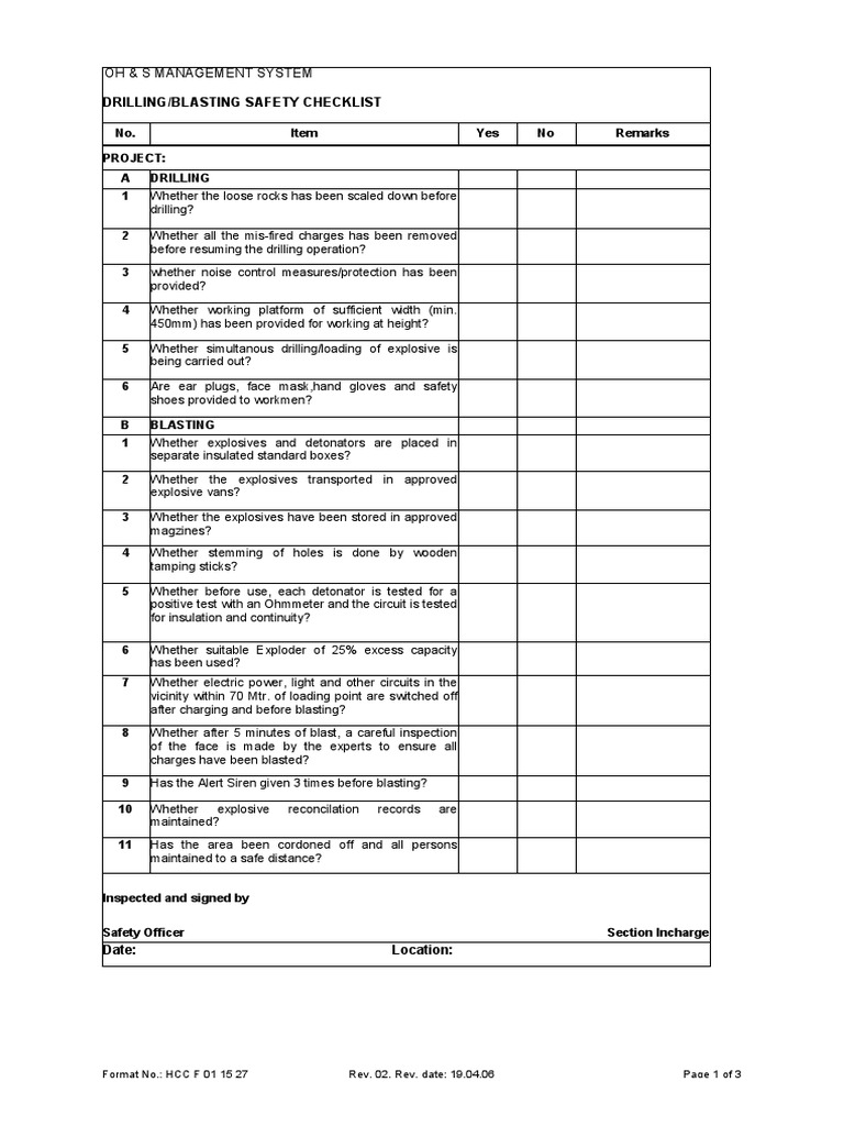 Drilling Blasting Safety Checklist PDF Safety