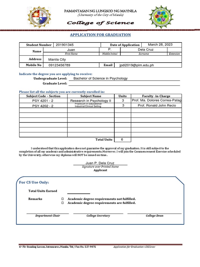 Graduation Application Form PLM | PDF | Academic Degree | Educational ...
