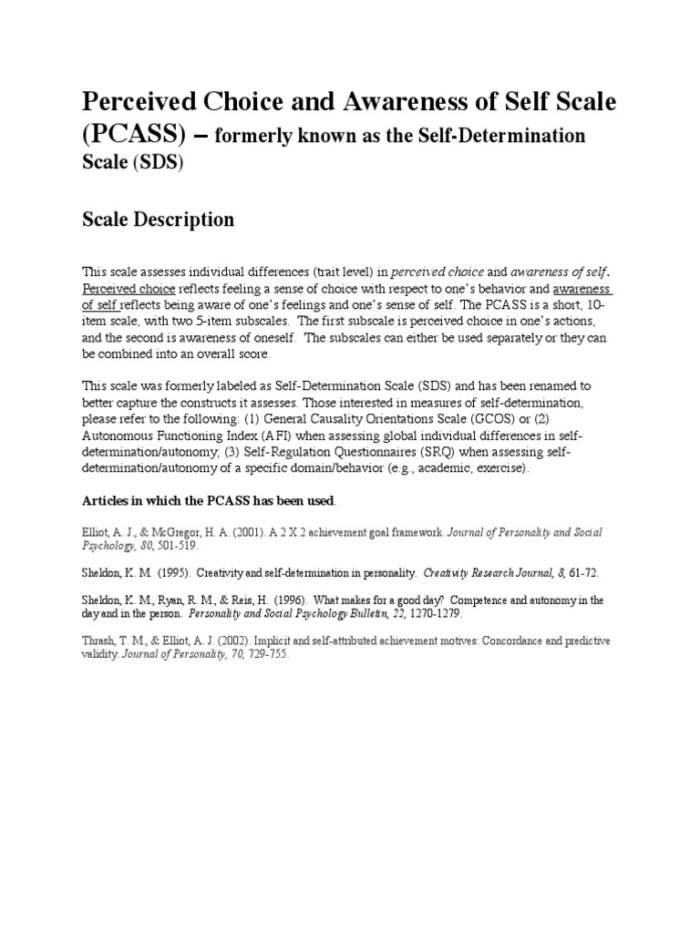 PCASS: Assessing Self-Awareness & Choice | PDF | Cognitive Psychology ...