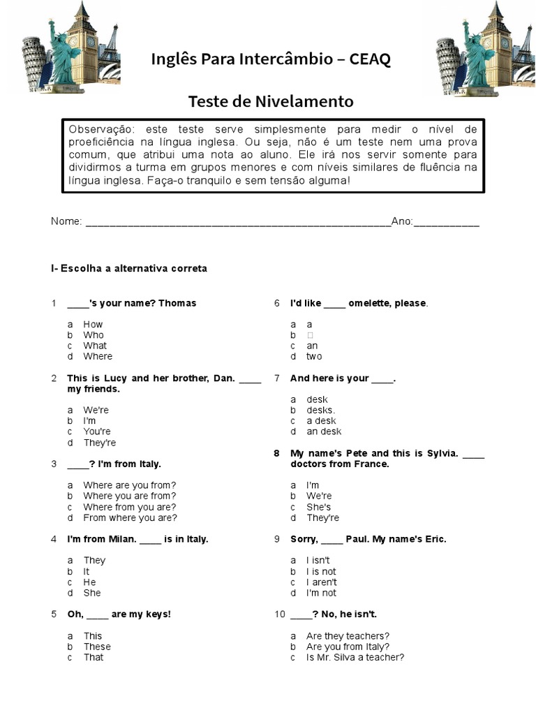 Inglês para Intercâmbio - CEAQ Teste de Nivelamento | PDF