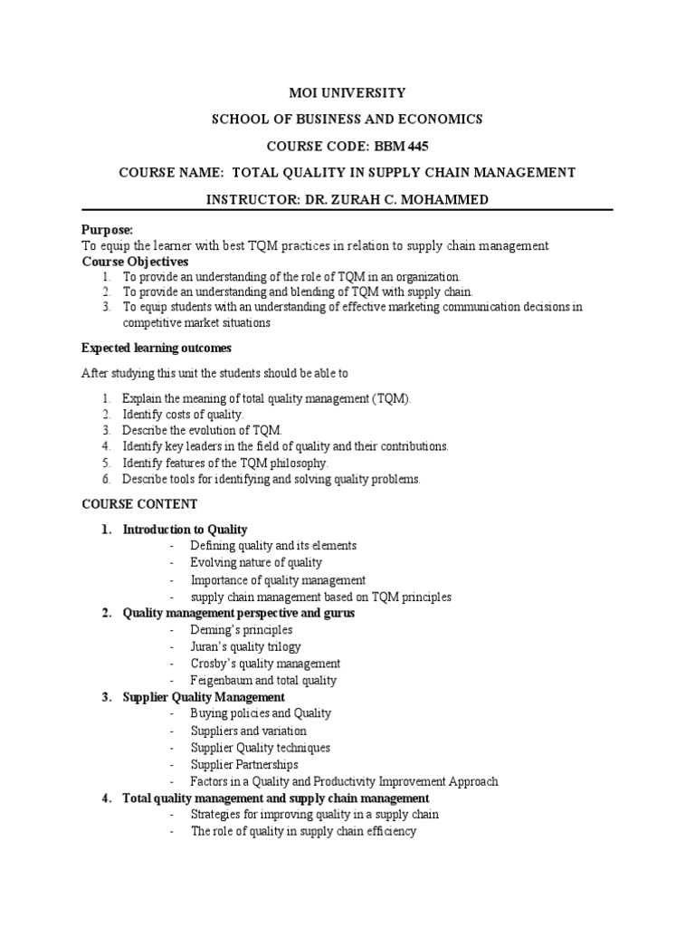 BBM 445 Course Outline PDF Quality Management Supply Chain Management