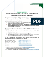 Public Notice Number 15 of 2021 AUTOMATIC ISSUANCE E-MAILING OF TAX CLEARANCE CERTIFICATES ITF263 FOR YEAR 2021