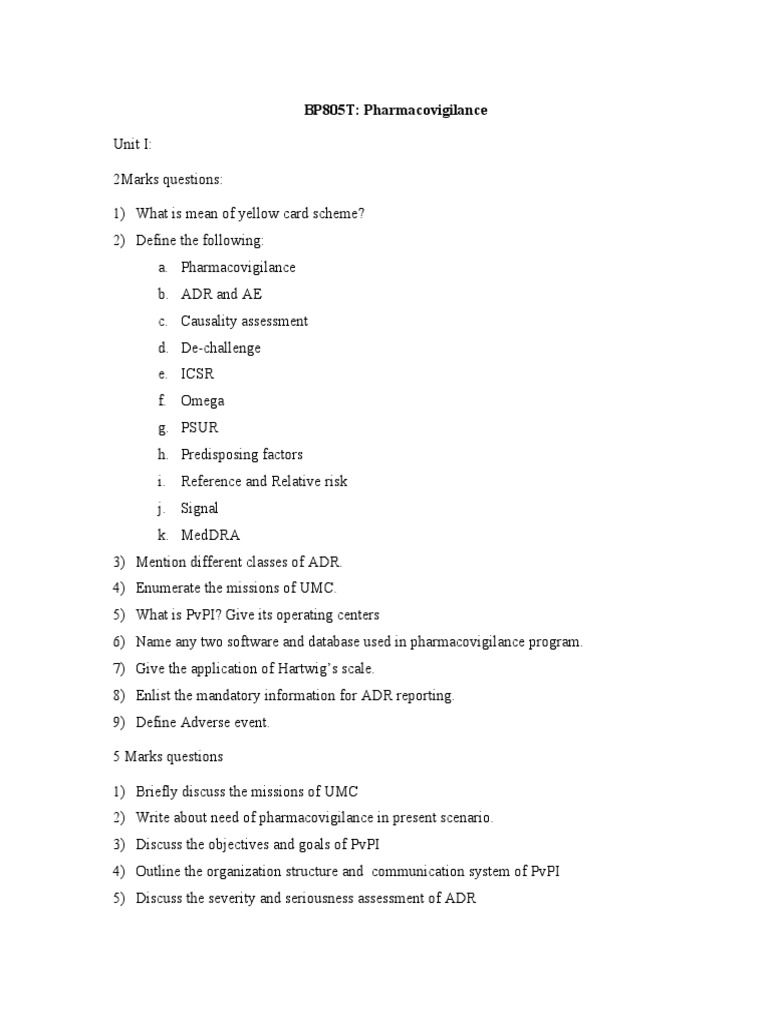 Pharmacovigilance Question Bank and Assessment | PDF