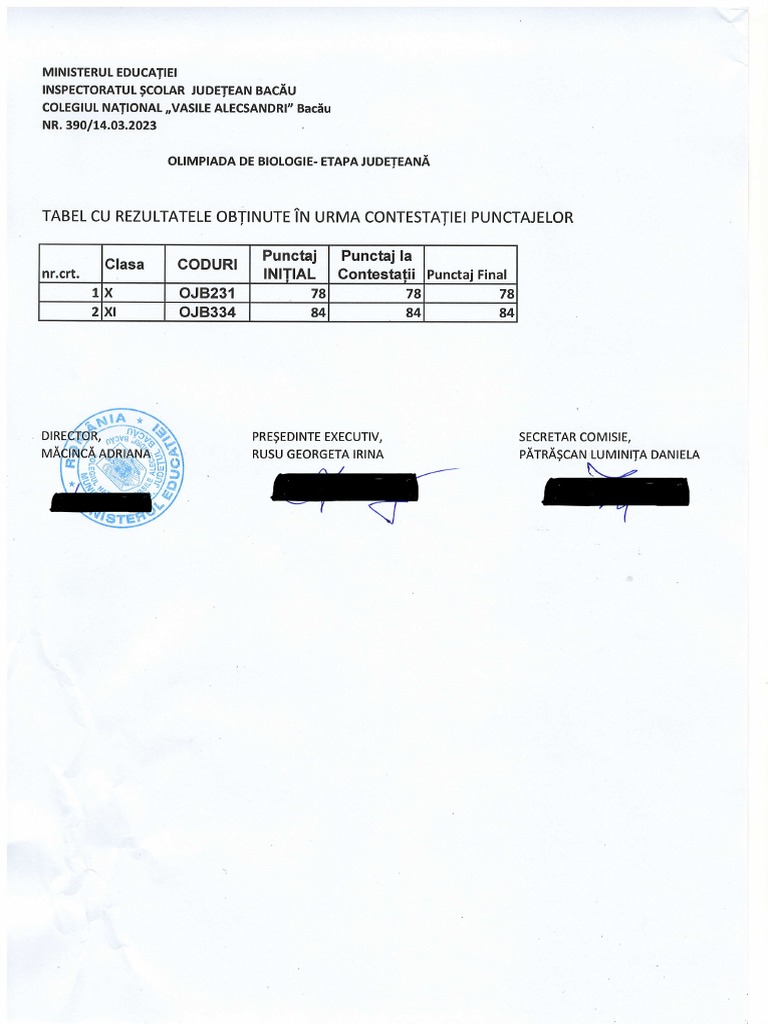 Rezultate contestatii Olimpiada de Biologie faza judeteana 2023 PDF