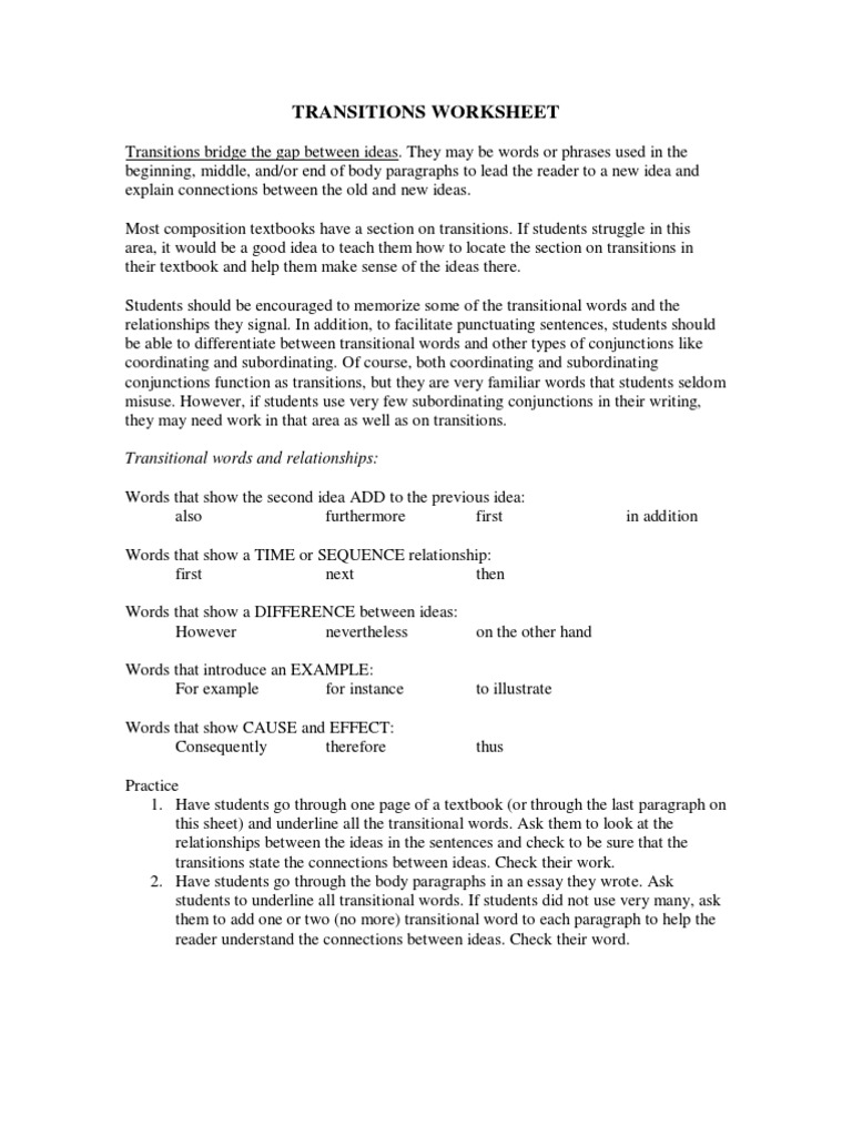 Transitional Devices Worksheet Guide | PDF | Paragraph | Sentence ...