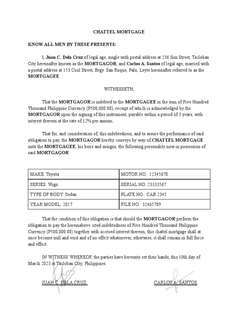 Chattel Mortgage PDF Mortgage Law Debt