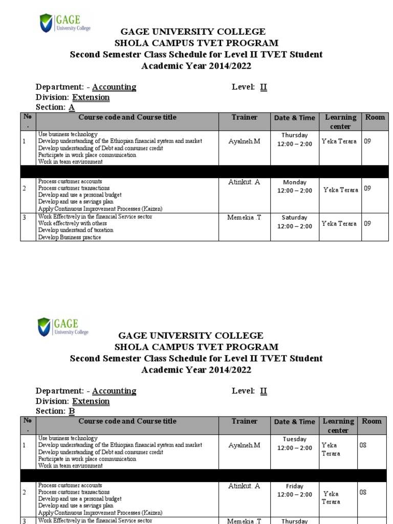 Gage University College Shola Campus TVET Program Level II Accounting