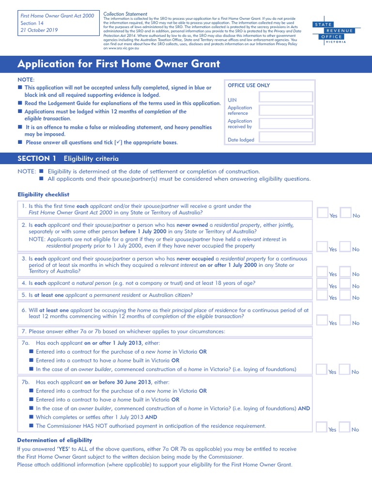 Application For First Home Owner Grant SECTION 1 Eligibility Criteria