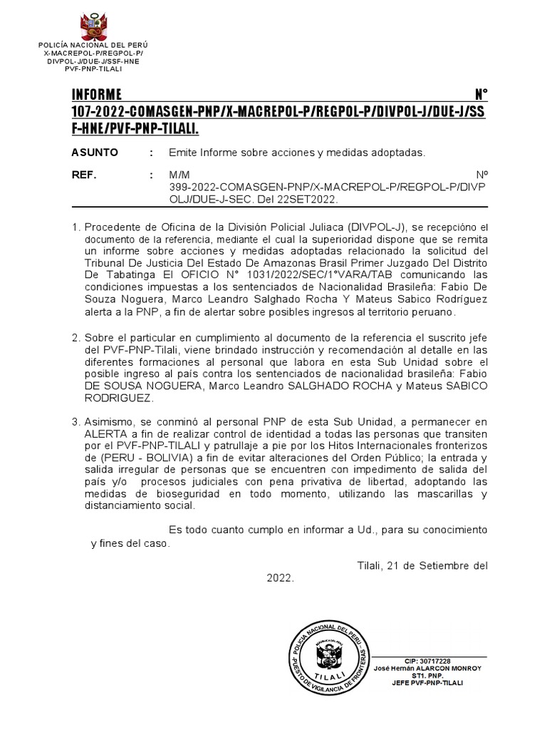 Informe sobre acciones y medidas adoptadas por la polic a nacional del