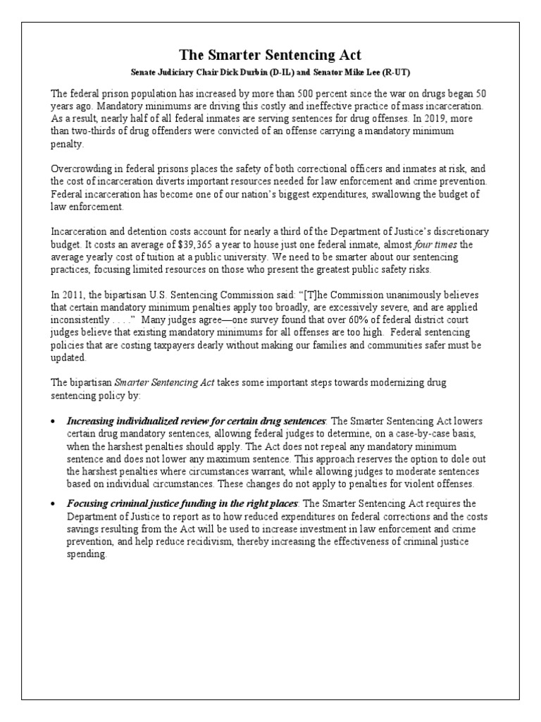 Smarter Sentencing Act OnePager PDF Mandatory Sentencing Prison